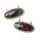 27x13mm Gold Bezeled CZ & Ruby in Zoisite Oval East West Connector 1 pc - Beadsofcambay.com