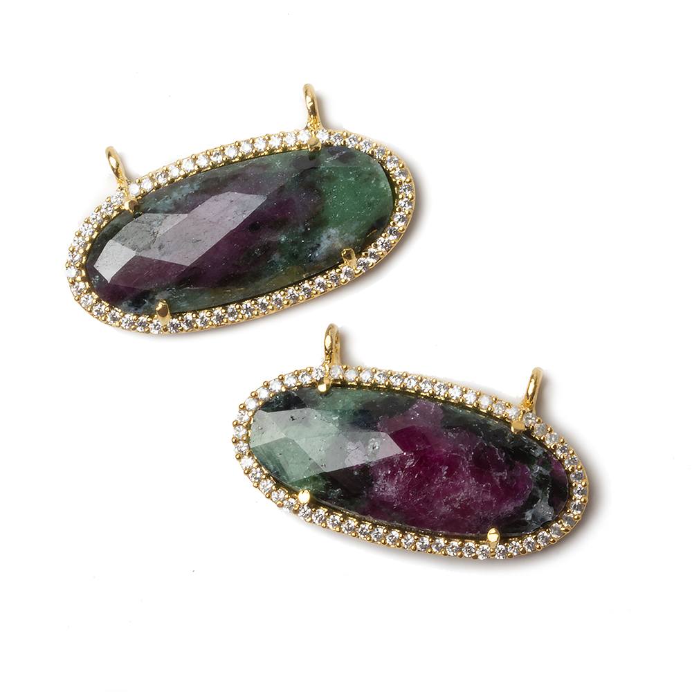 27x13mm Gold Bezeled CZ & Ruby in Zoisite Oval East West Connector 1 pc - Beadsofcambay.com