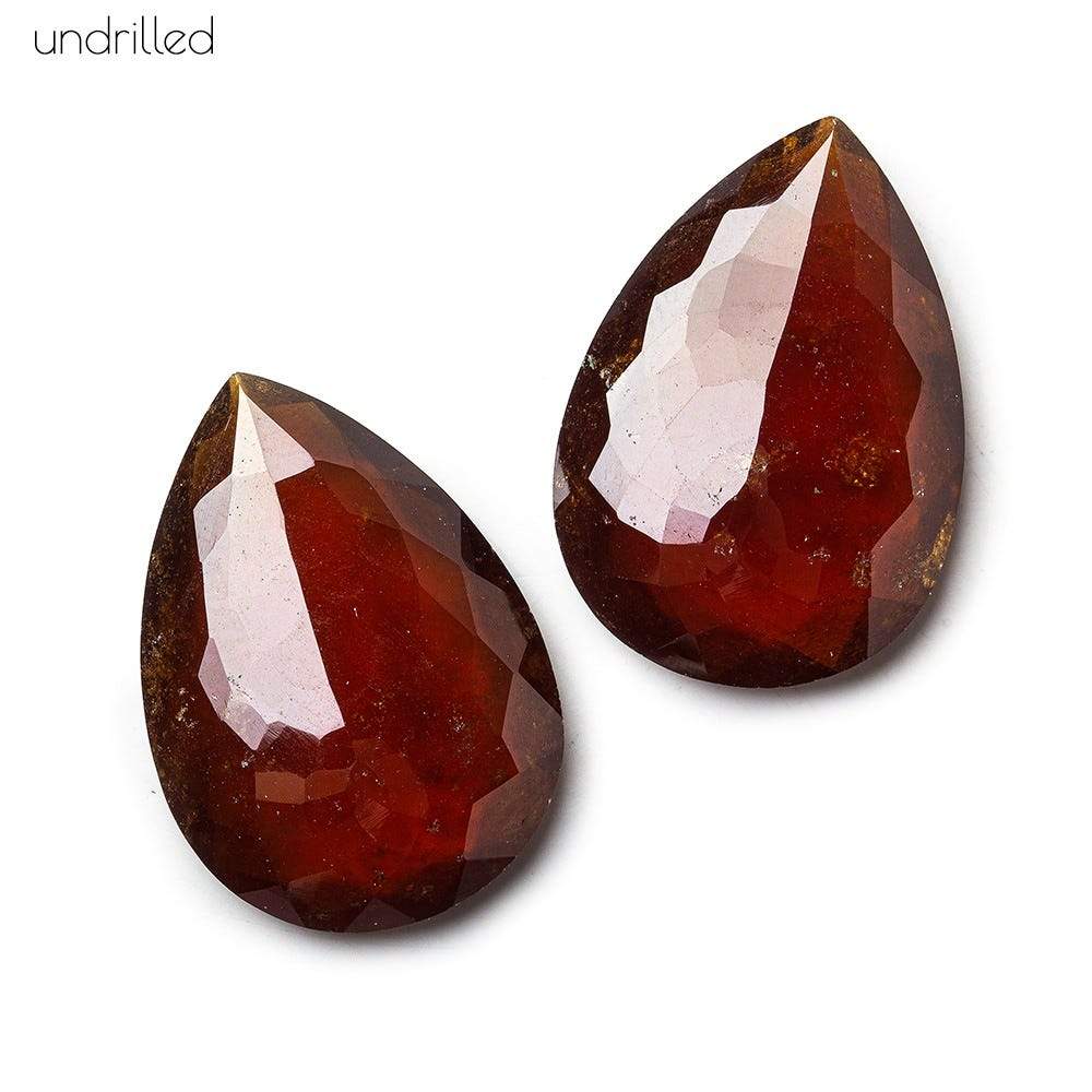 27x19x5.5mm Dark Hessonite Garnet Gem Quality Pavilion Faceted Pear Focal Set of 2 - Beadsofcambay.com