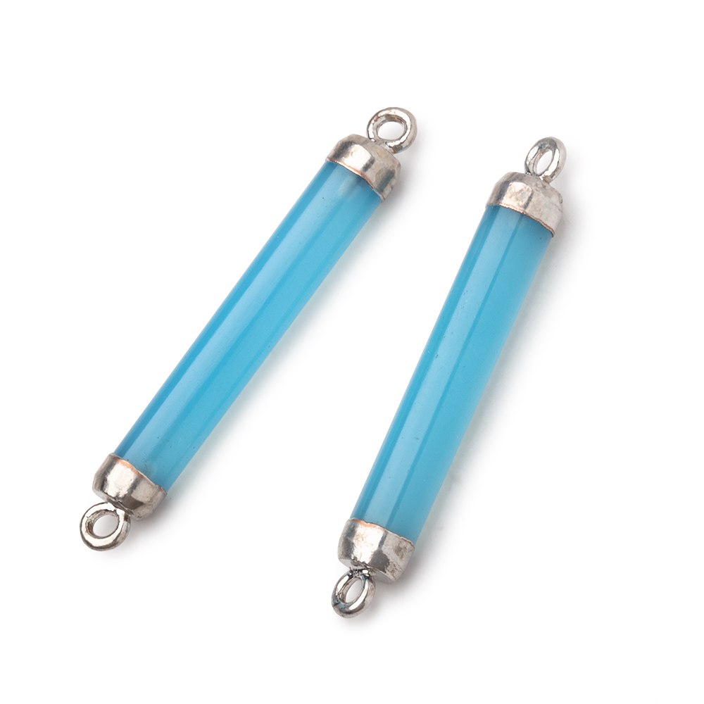 27x4.5mm Silver Leafed Blue Chalcedony Tube Focal Connector Set of 2 - Beadsofcambay.com