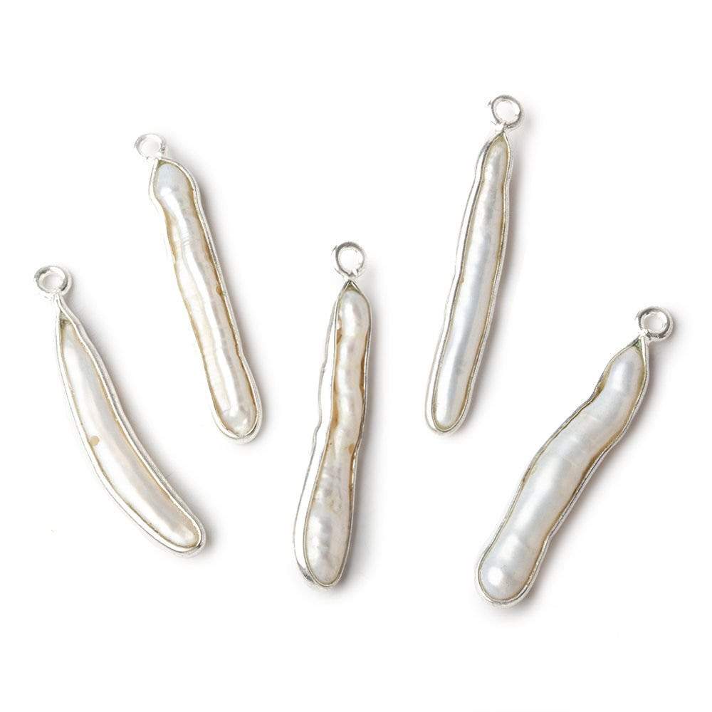 27x4mm Silver Bezeled Off White Biwa Pearl Pendant 1 piece - Beadsofcambay.com