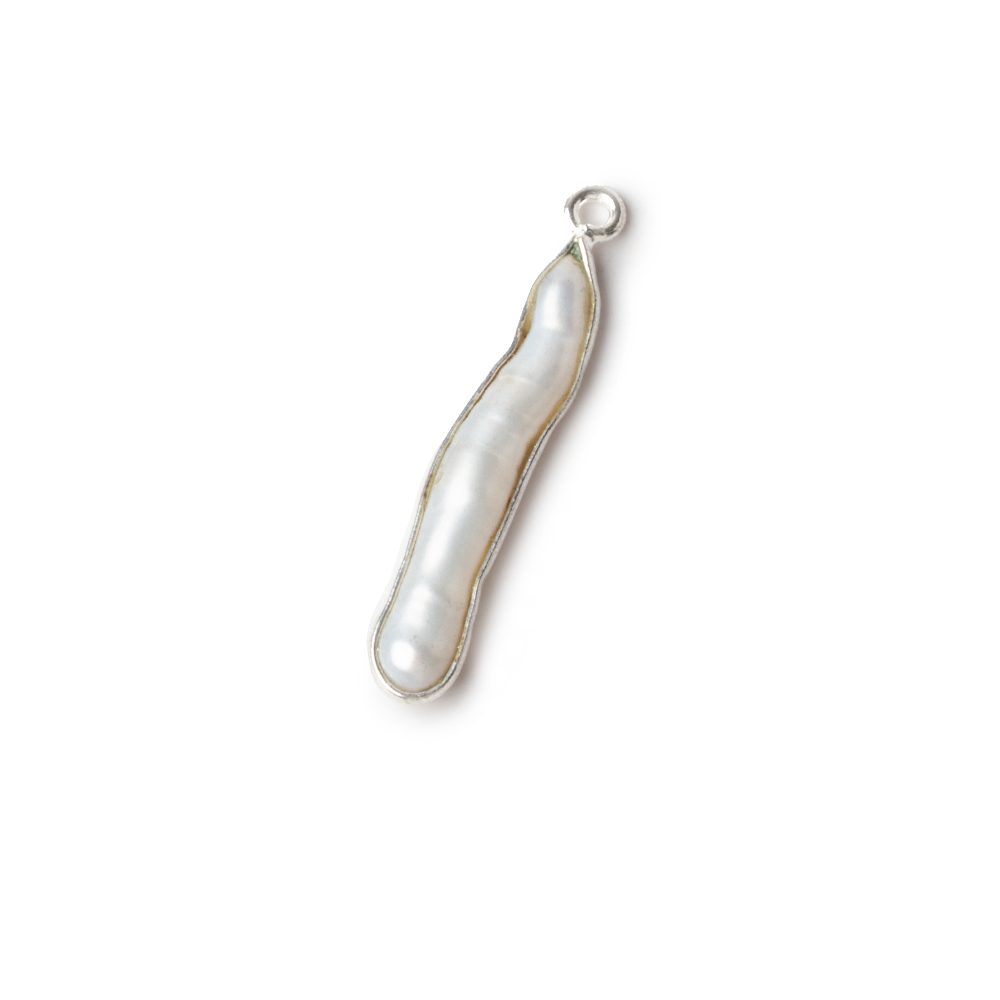 27x4mm Silver Bezeled Off White Biwa Pearl Pendant 1 piece - Beadsofcambay.com
