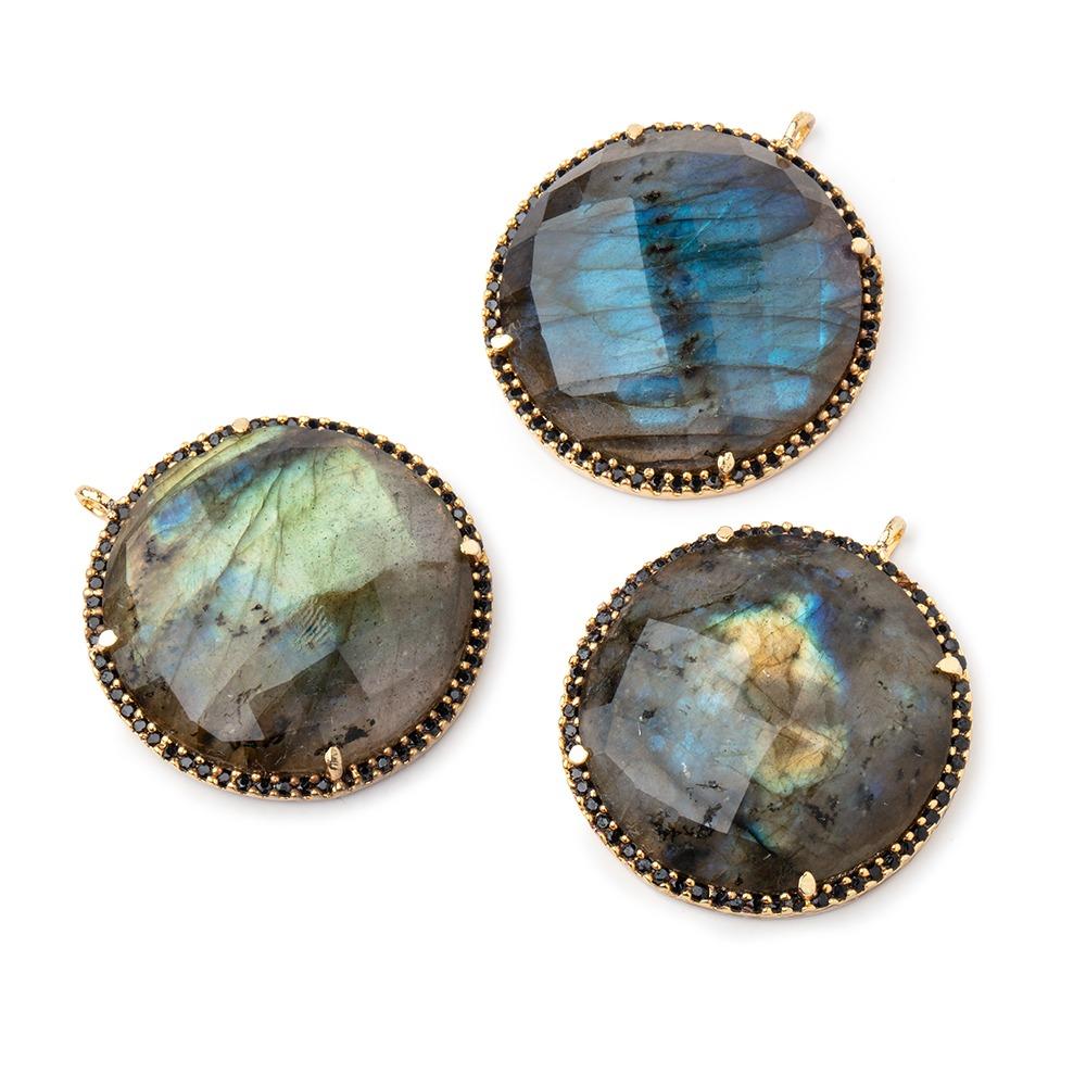 28mm Vermeil & Black CZ Bezel Labradorite Coin Pendant Focal Bead 1 piece - Beadsofcambay.com