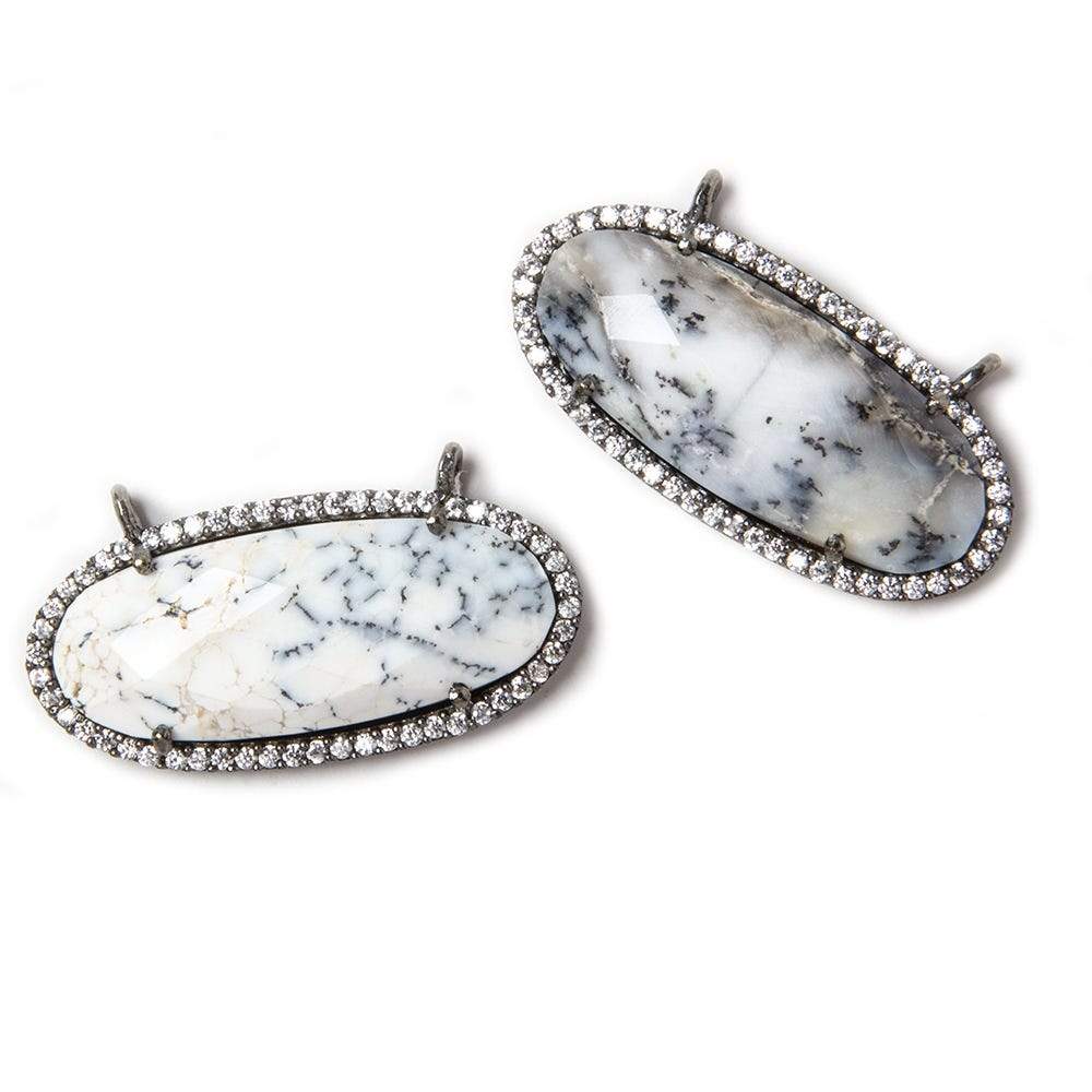 28x14mm Black Gold Bezeled CZ & Dendritic Opal Oval East West Connector 1 pc - Beadsofcambay.com