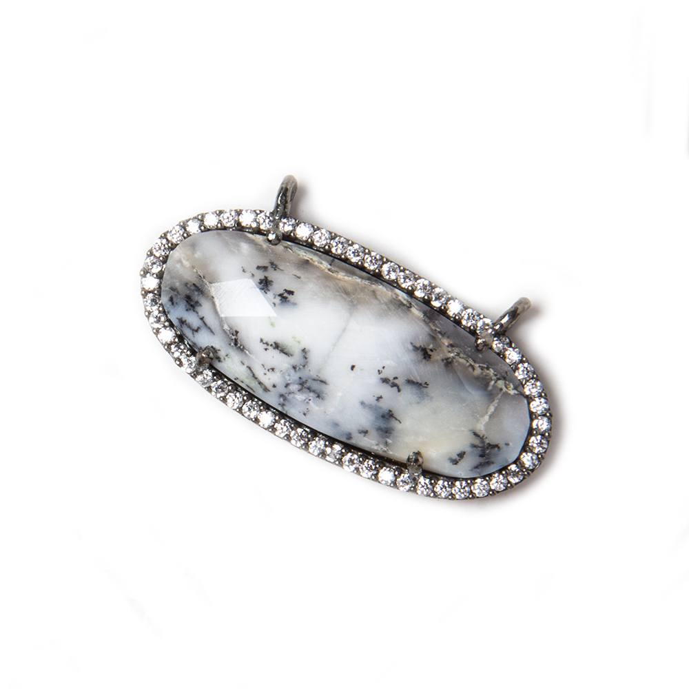 28x14mm Black Gold Bezeled CZ & Dendritic Opal Oval East West Connector 1 pc - Beadsofcambay.com