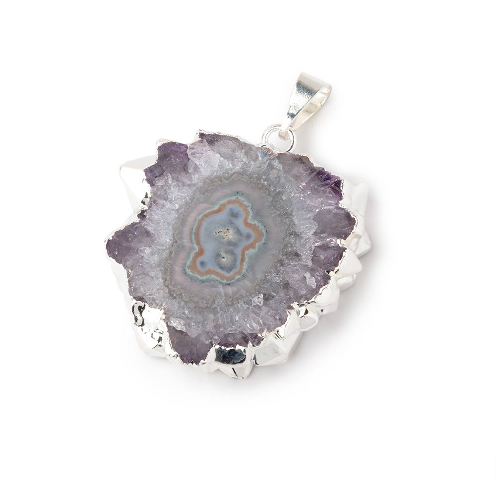 28x31mm Silver Leafed Amethyst Solar Quartz Slice Pendant 1 focal piece - Beadsofcambay.com