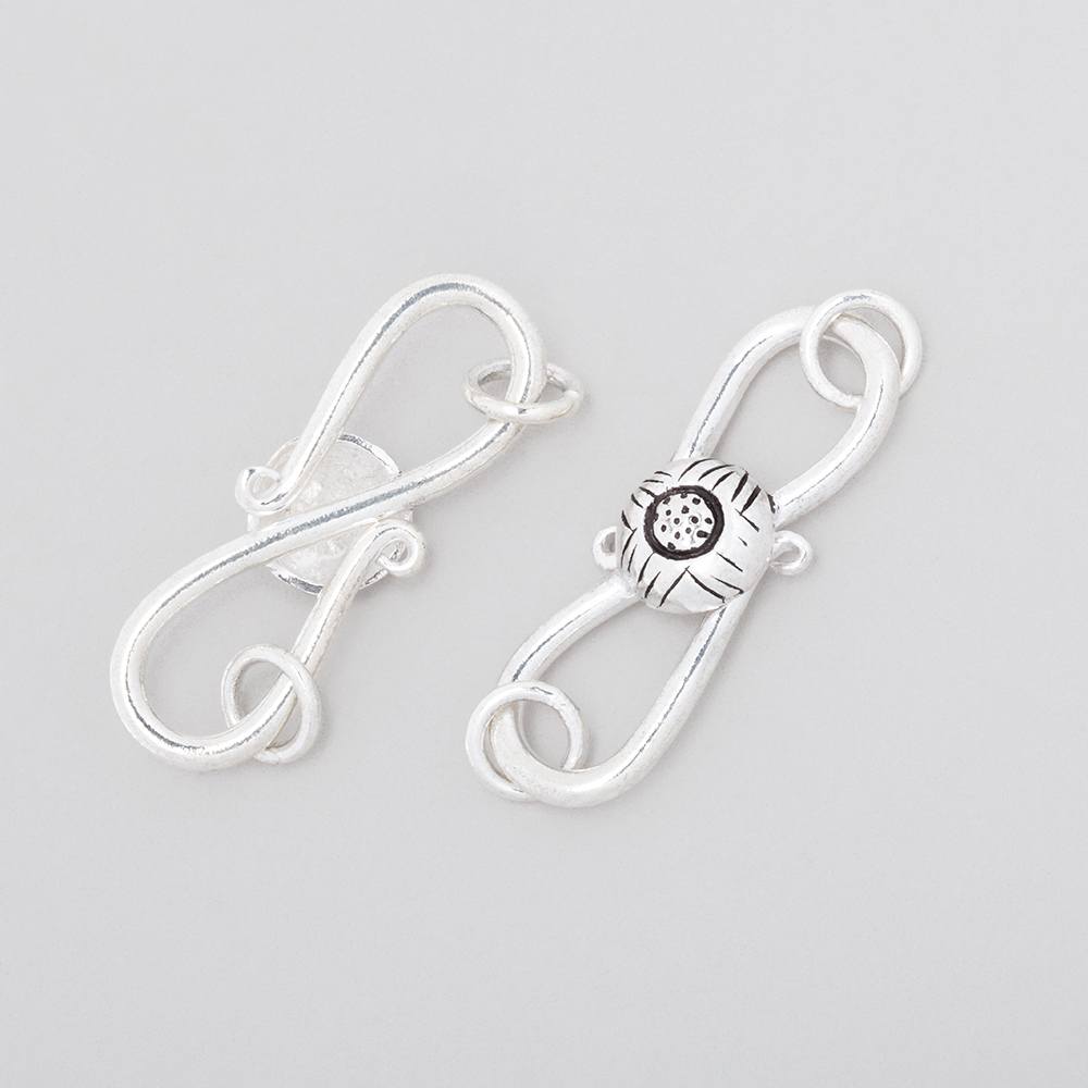 29x10mm Antiqued Sterling Silver S Hook with Floral Button 1 piece - Beadsofcambay.com