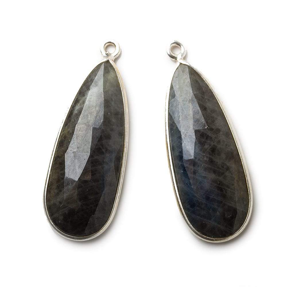 29x12mm Silver .925 Bezel Blue Sapphire faceted pear Pendant Set of 2 pieces - Beadsofcambay.com