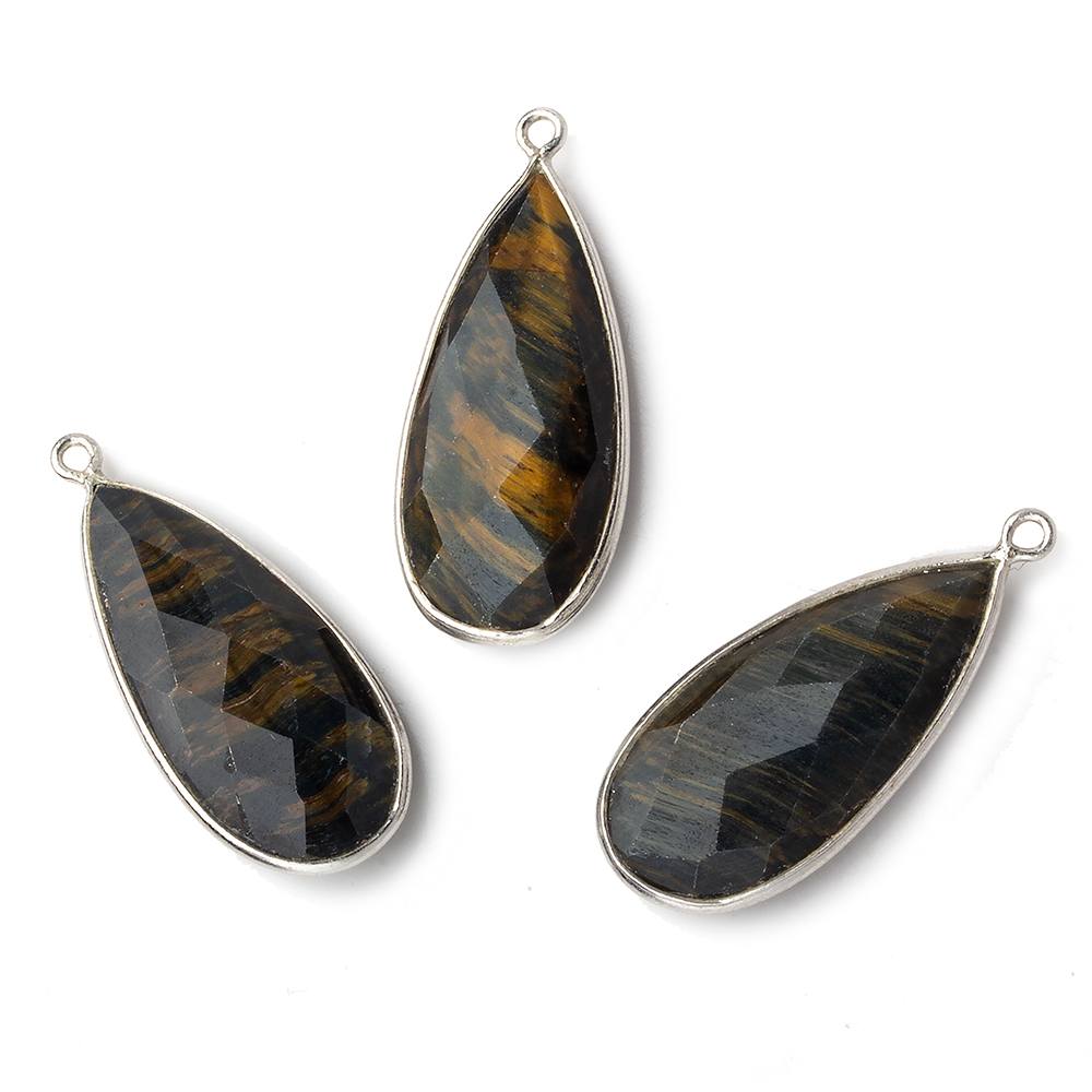 29x13mm Silver .925 Bezel Gold & Black Tiger's Eye faceted Pear Pendant 1 piece - Beadsofcambay.com