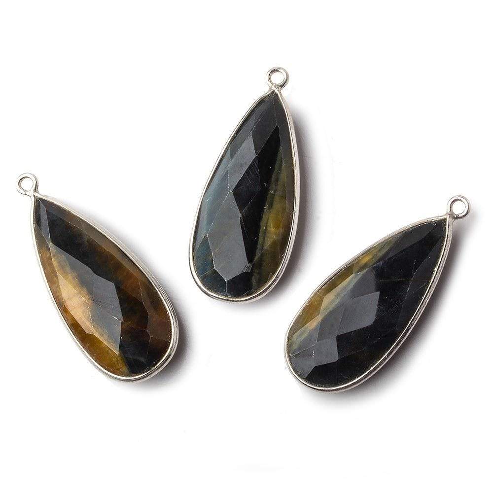 29x13mm Silver .925 Bezel Gold & Black Tiger's Eye faceted Pear Pendant 1 piece - Beadsofcambay.com