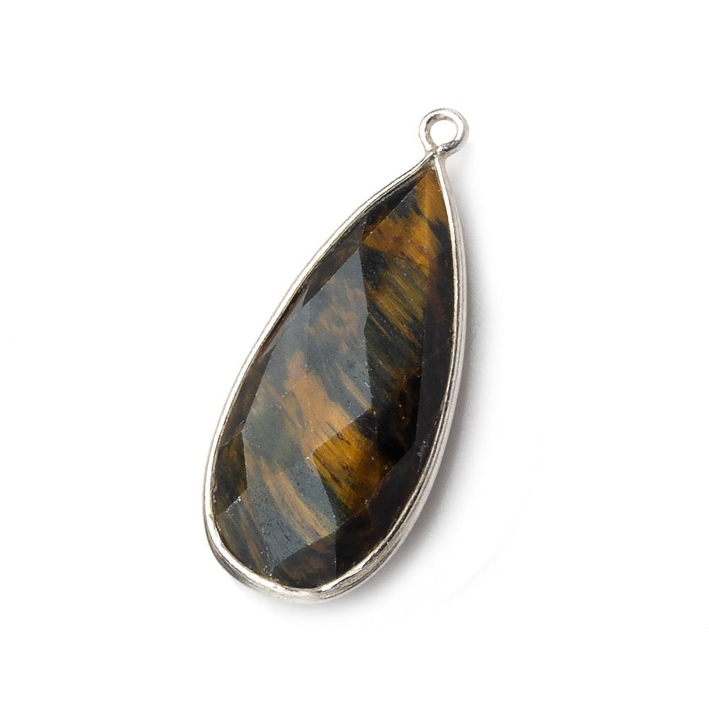 29x13mm Silver .925 Bezel Gold & Black Tiger's Eye faceted Pear Pendant 1 piece - Beadsofcambay.com