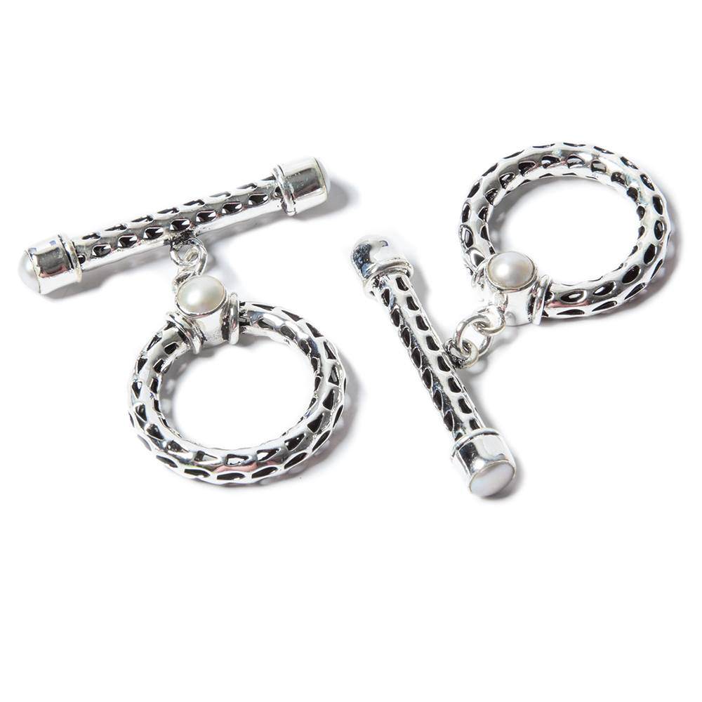 29x23mm White Pearl Cabochon Filigree Antiqued Sterling Silver Toggle 1 pc - Beadsofcambay.com