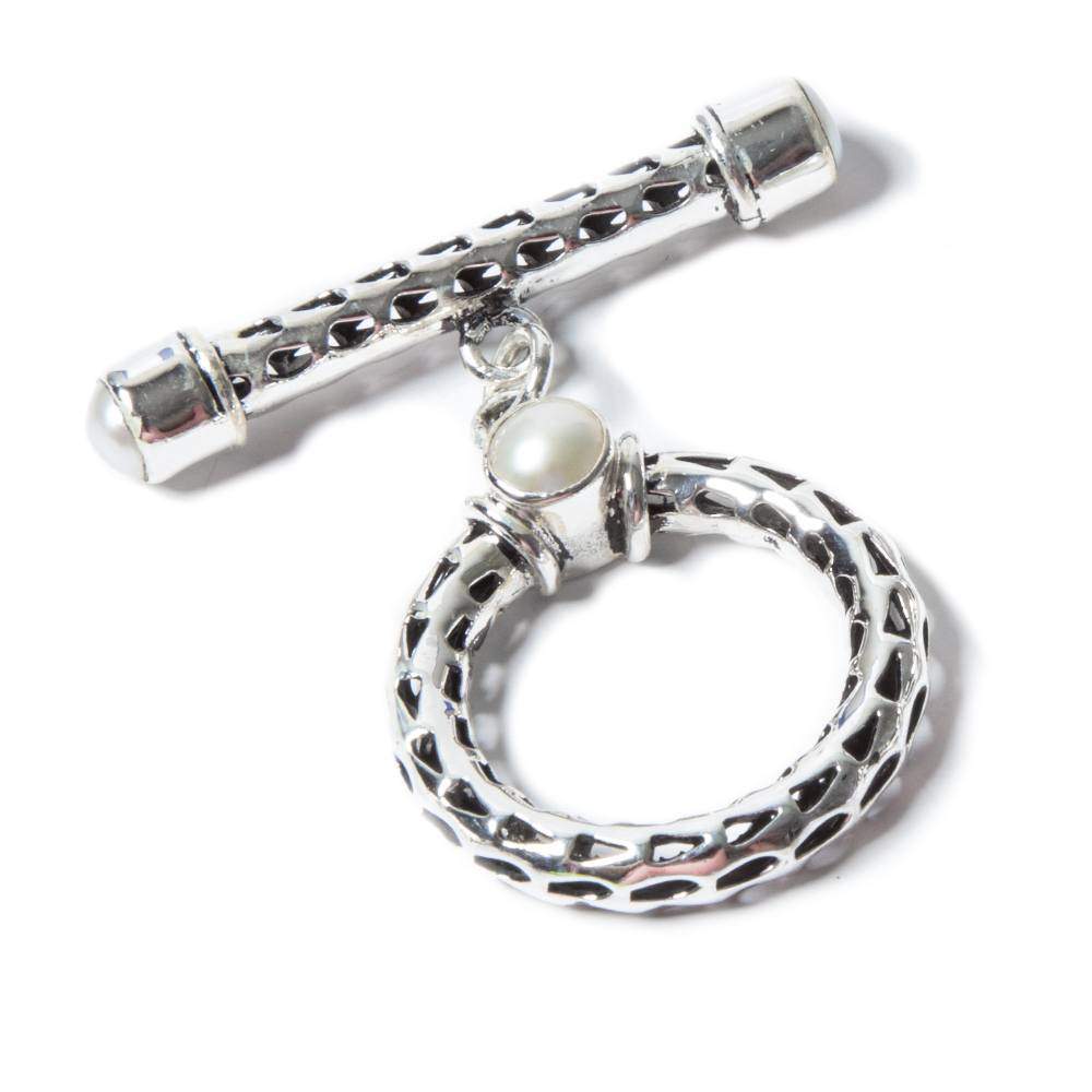 29x23mm White Pearl Cabochon Filigree Antiqued Sterling Silver Toggle 1 pc - Beadsofcambay.com