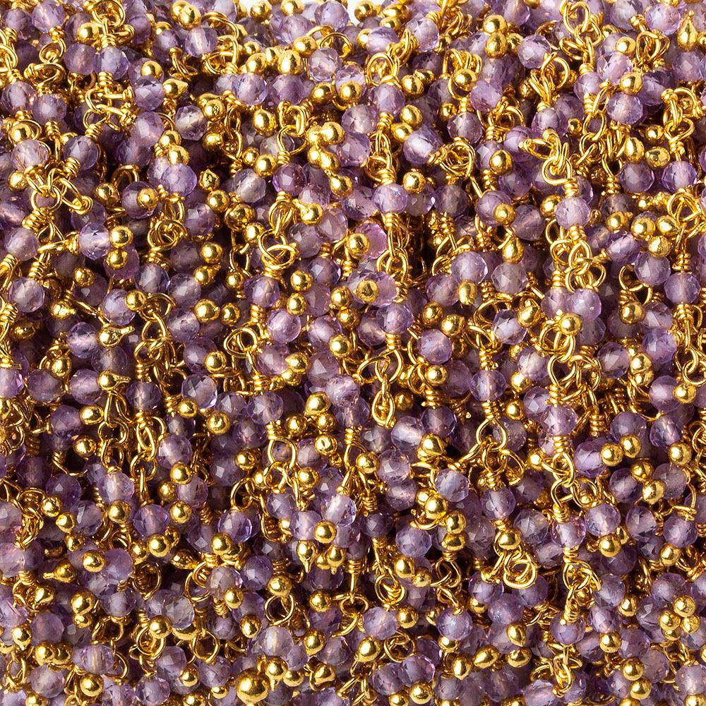 2mm Amethyst micro faceted round Gold plated Dangling Chain by the foot - Beadsofcambay.com