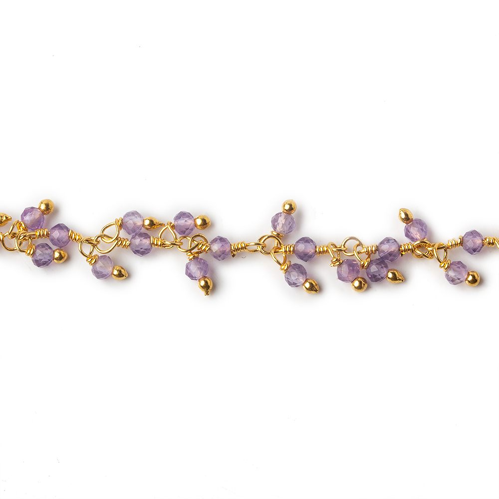 2mm Amethyst micro faceted round Gold plated Dangling Chain by the foot - Beadsofcambay.com