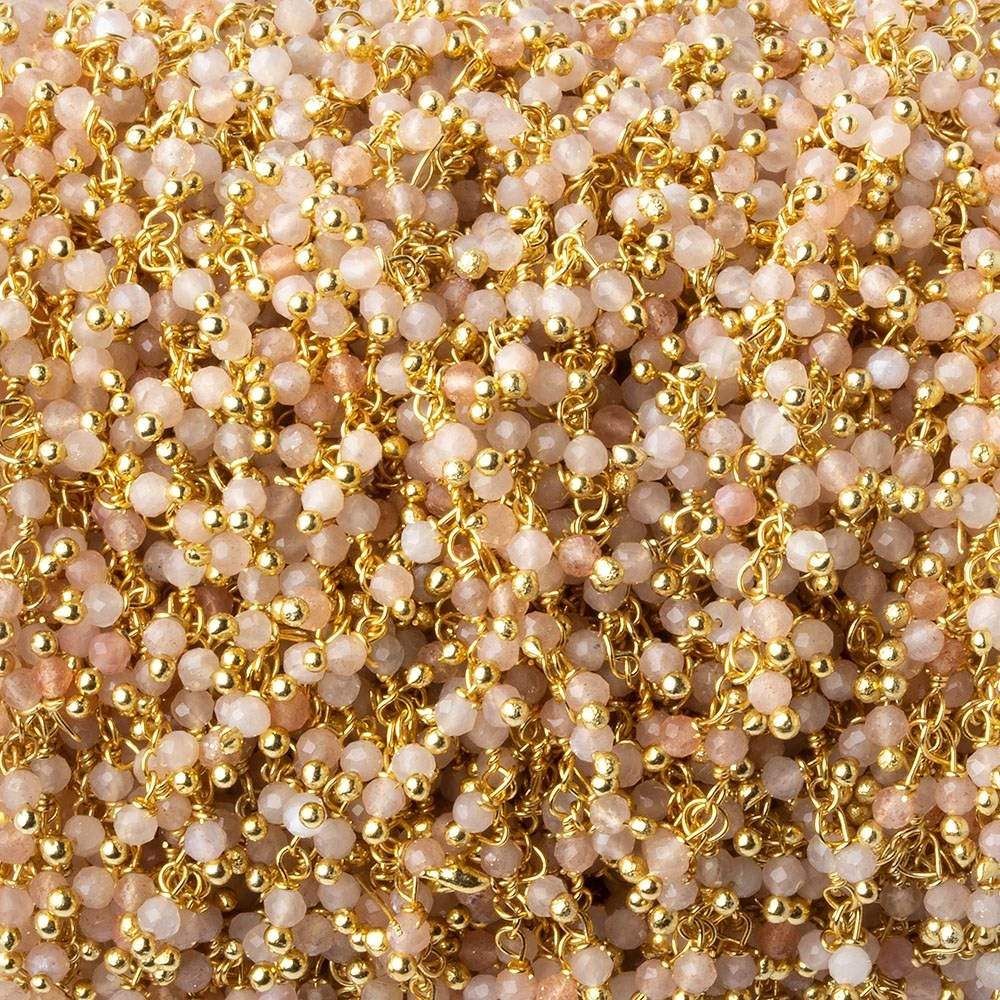 2mm Angel Skin Peach Moonstone micro faceted round Gold Dangling Chain by the foot - Beadsofcambay.com