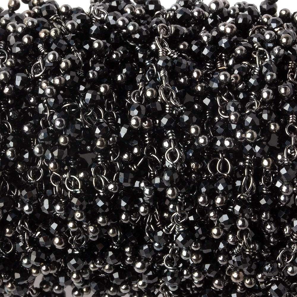 2mm Black Spinel micro faceted round Black Gold plated Dangling Chain by the foot - Beadsofcambay.com