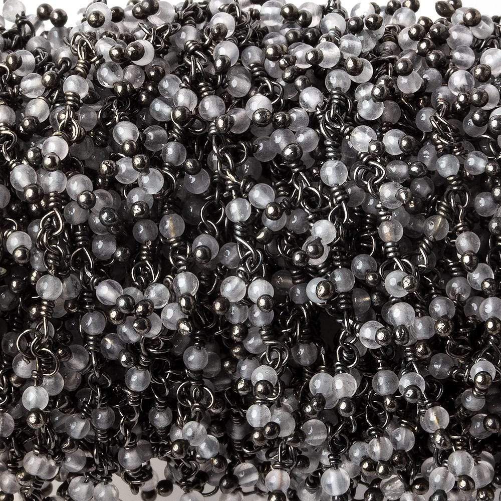 2mm Grey Chalcedony micro round Black Gold plated Dangling Chain by the foot - Beadsofcambay.com