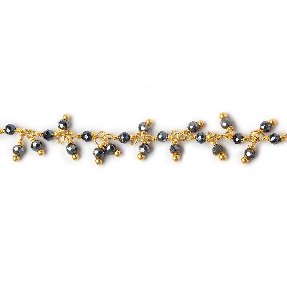 2mm Hematite micro faceted round Gold Dangling Chain by the foot - Beadsofcambay.com