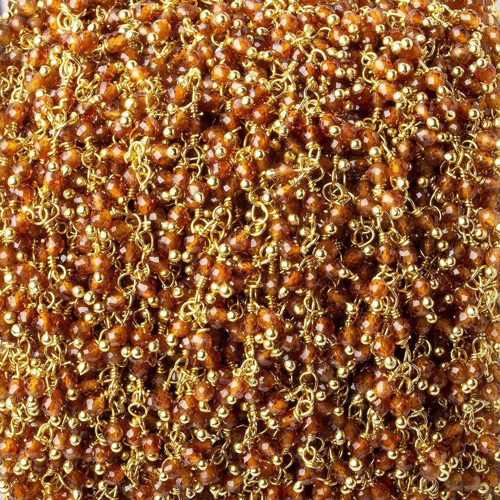 2mm Hessonite Garnet microfaceted round Gold plated Dangling Chain by the foot - Beadsofcambay.com