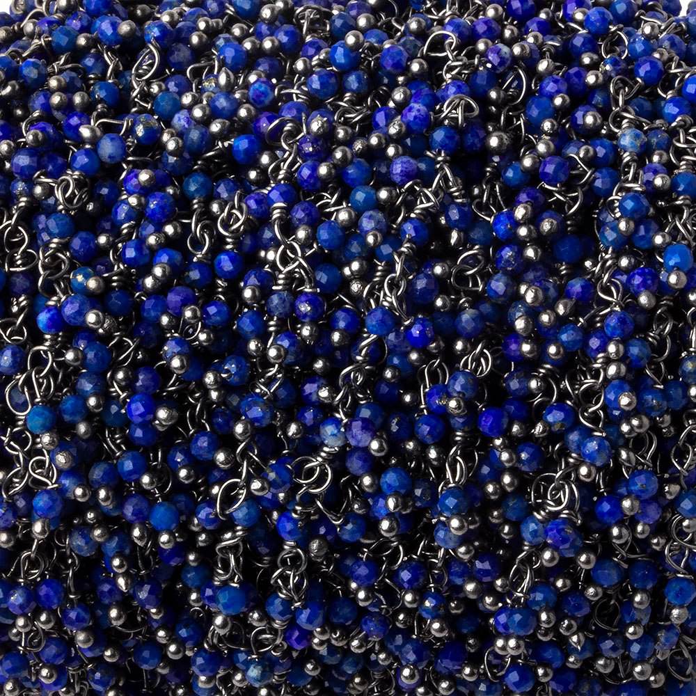 2mm Lapis Lazuli micro faceted round Black Gold plated Dangling Chain by the foot - Beadsofcambay.com