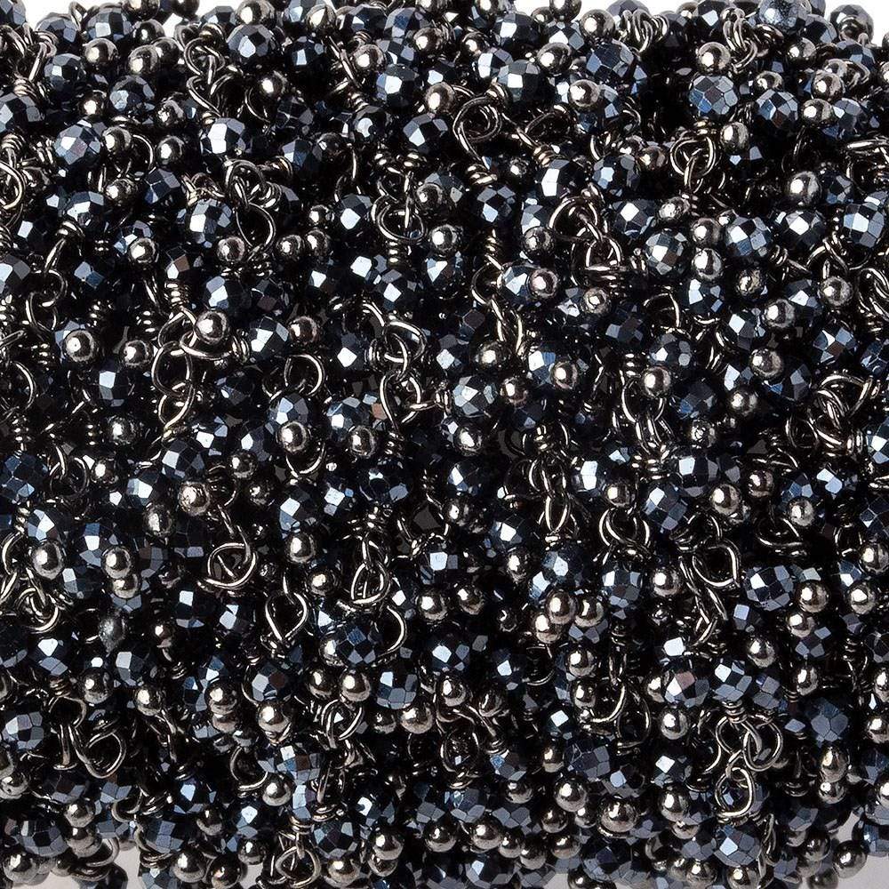 2mm Metallic Black Spinel micro faceted round Black Gold plated Dangling Chain by the foot - Beadsofcambay.com