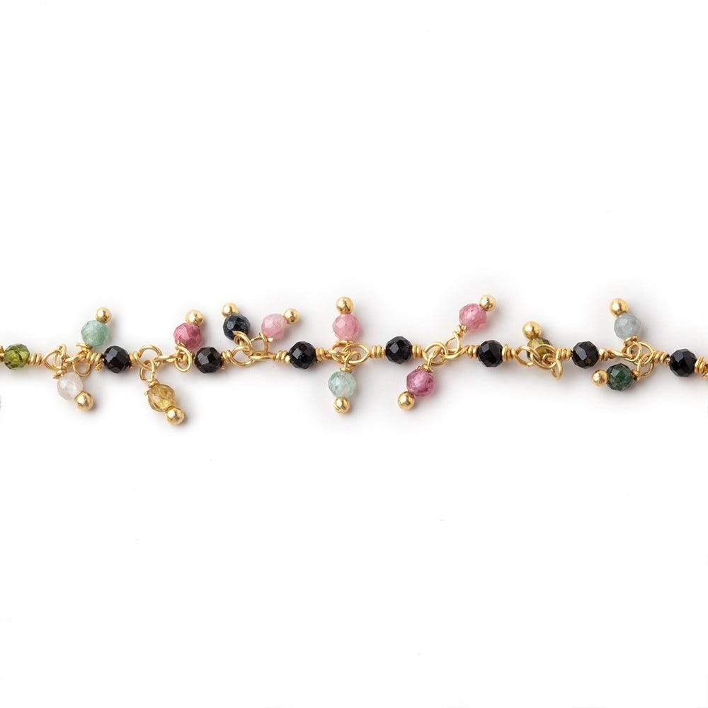 2mm Multi Color Tourmaline micro faceted Gold plated Dangling Chain by the foot - Beadsofcambay.com