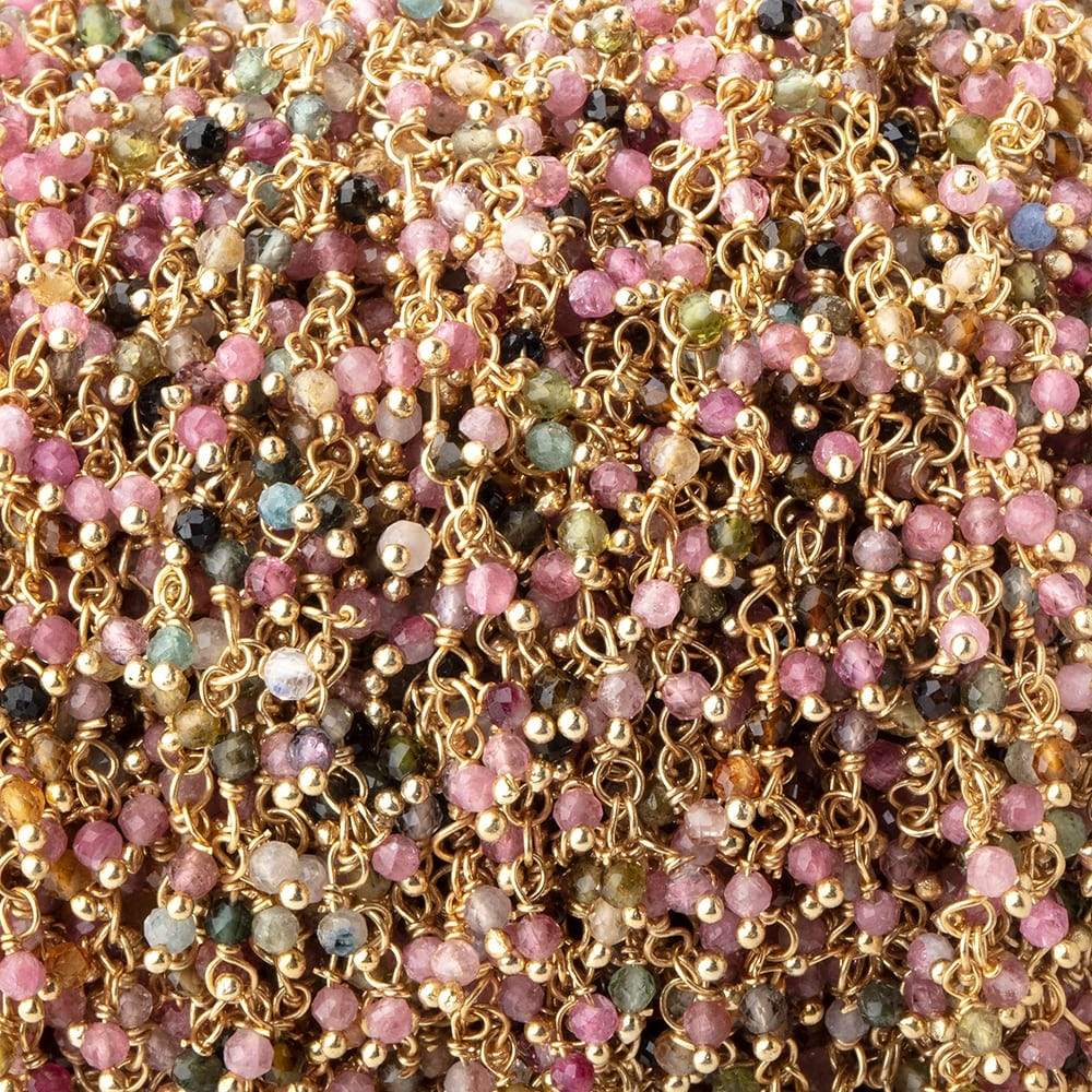 2mm Multi Color Tourmaline Micro Faceted Round Gold plated Dangling Chain by the foot - Beadsofcambay.com