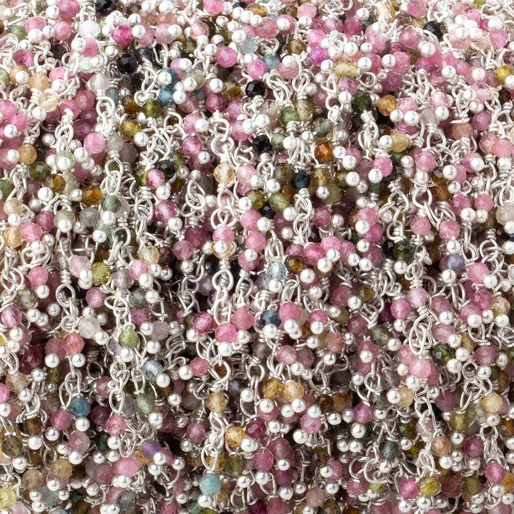 2mm Multi Color Tourmaline micro-faceted round Silver plated Dangling Chain by the foot - Beadsofcambay.com