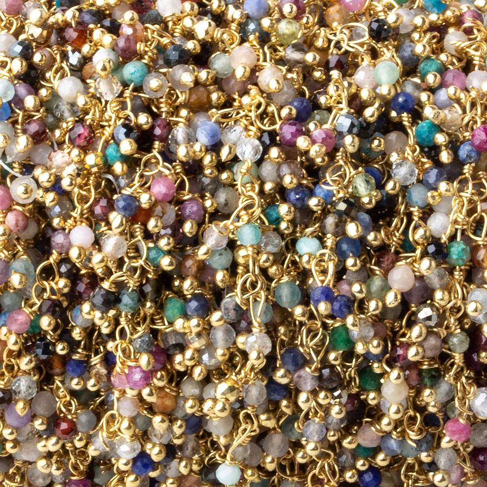 2mm MultiColor Gemstone micro faceted round Gold Dangling Chain by the foot - Beadsofcambay.com