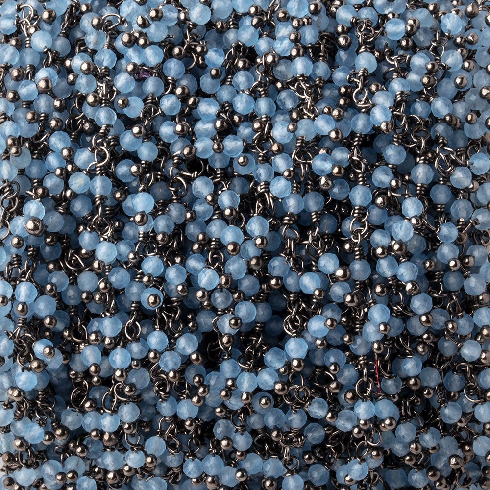 2mm Santorini Blue Chalcedony Micro Faceted Rounds on Black Gold Plated Dangling Chain - Beadsofcambay.com