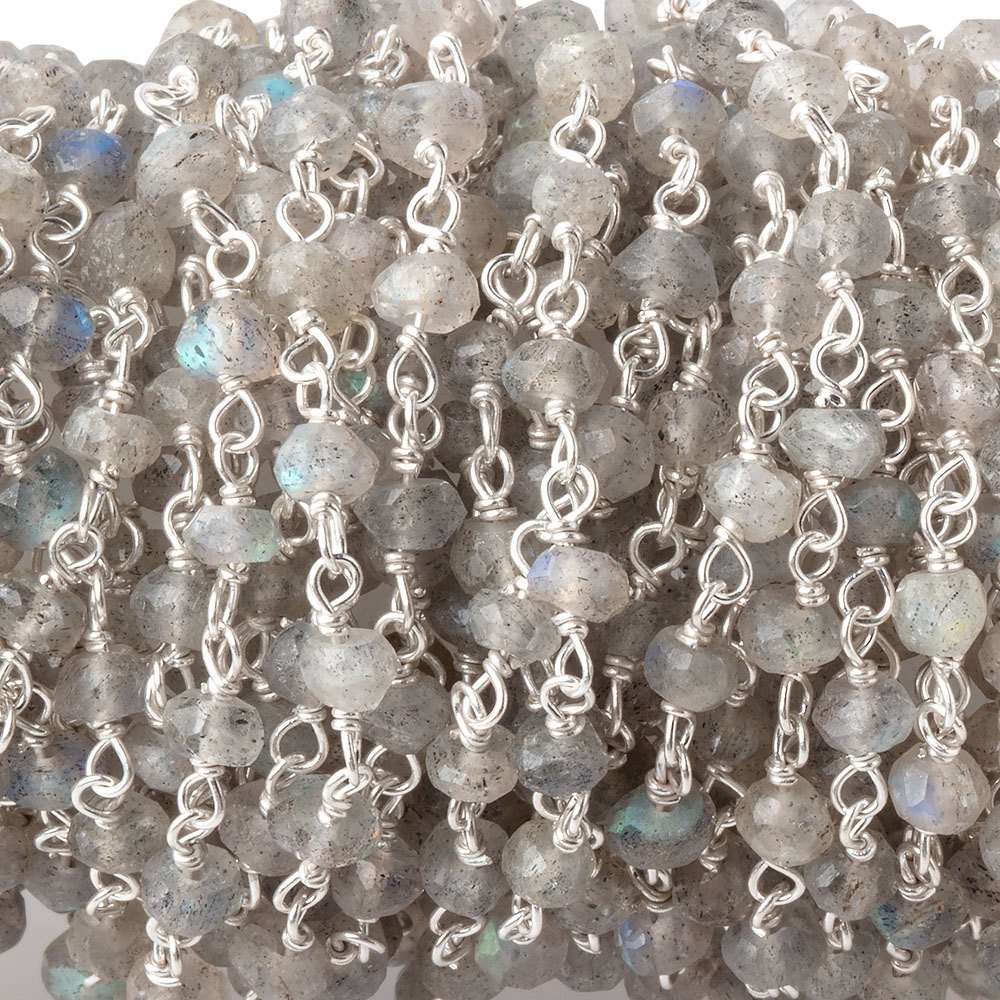 3-3.5mm Labradorite faceted rondelle Silver plated Chain by the foot - Beadsofcambay.com