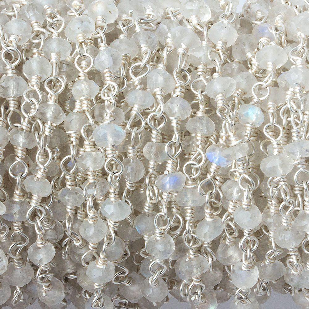 3-3.5mm Rainbow Moonstone Silver plated Wire Wrapped Chain 38 pcs - Beadsofcambay.com