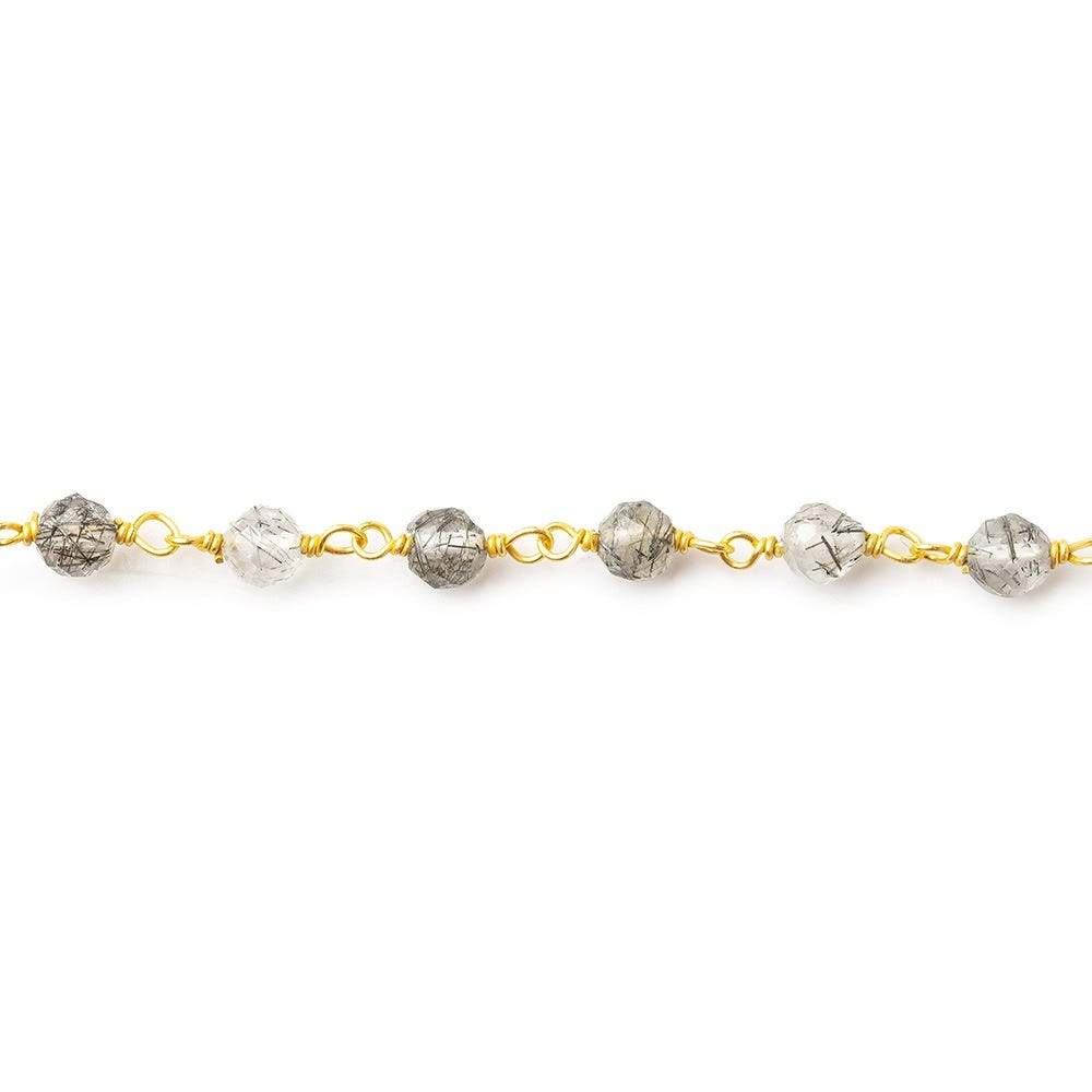 3-4mm Black Tourmalinated Quartz faceted round Vermeil Chain by the foot - Beadsofcambay.com