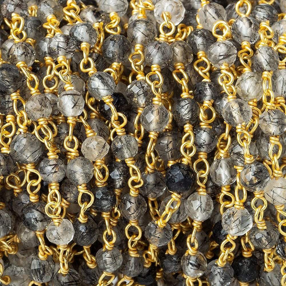 3-4mm Black Tourmalinated Quartz faceted round Vermeil Chain by the foot - Beadsofcambay.com