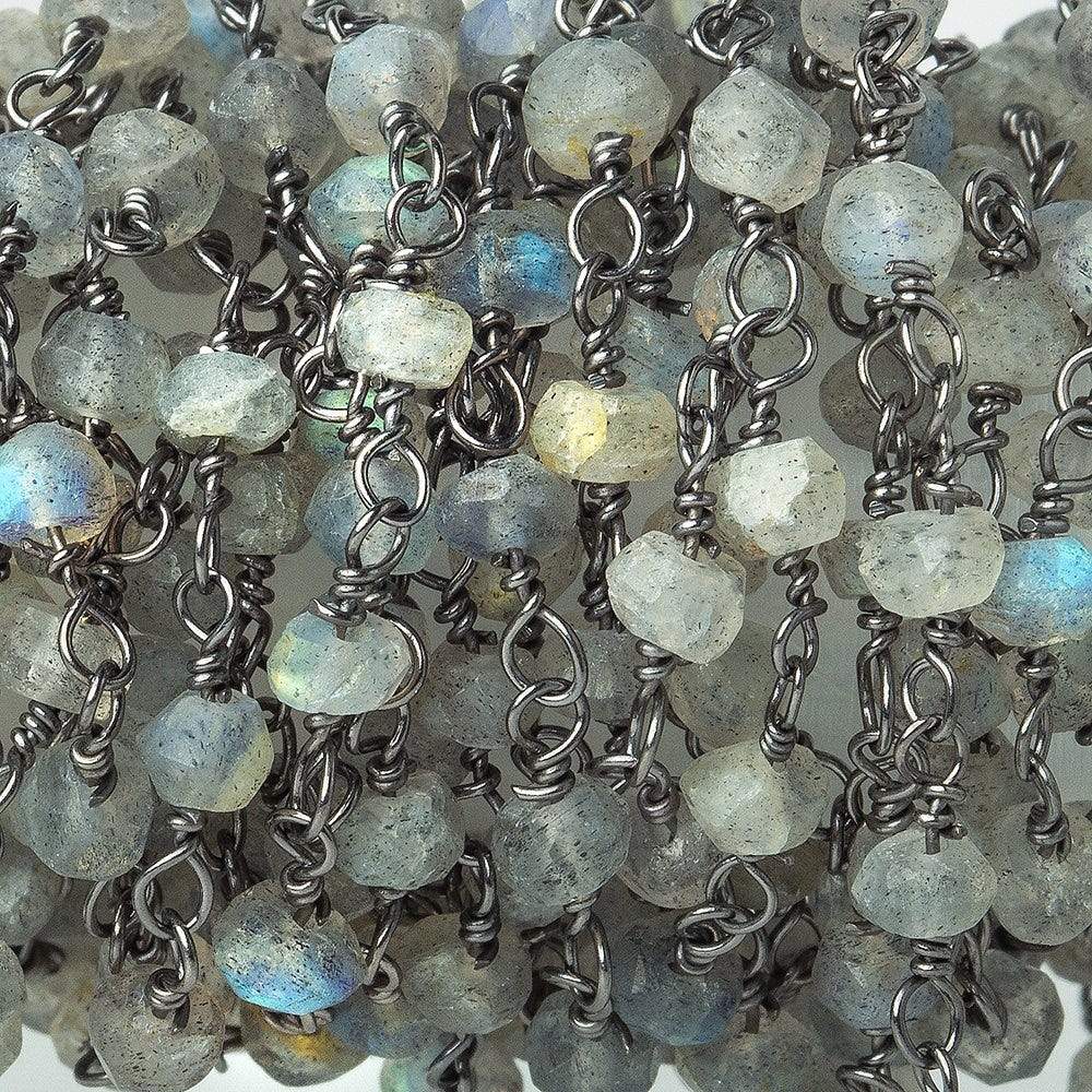 3-4mm Labradorite Faceted Rondelle Black Gold plated Chain by the foot - Beadsofcambay.com
