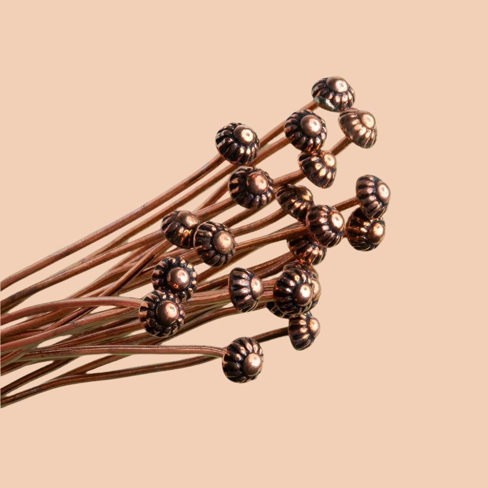 3 inch length Copper Headpin 26 gauge, Fluted Ball Head 3mm diameter, 22 pieces per bag - Beadsofcambay.com