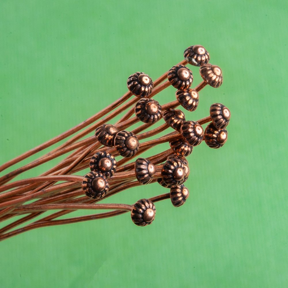 3 inch length Copper Headpin 26 gauge, Fluted Ball Head 3mm diameter, 22 pieces per bag - Beadsofcambay.com