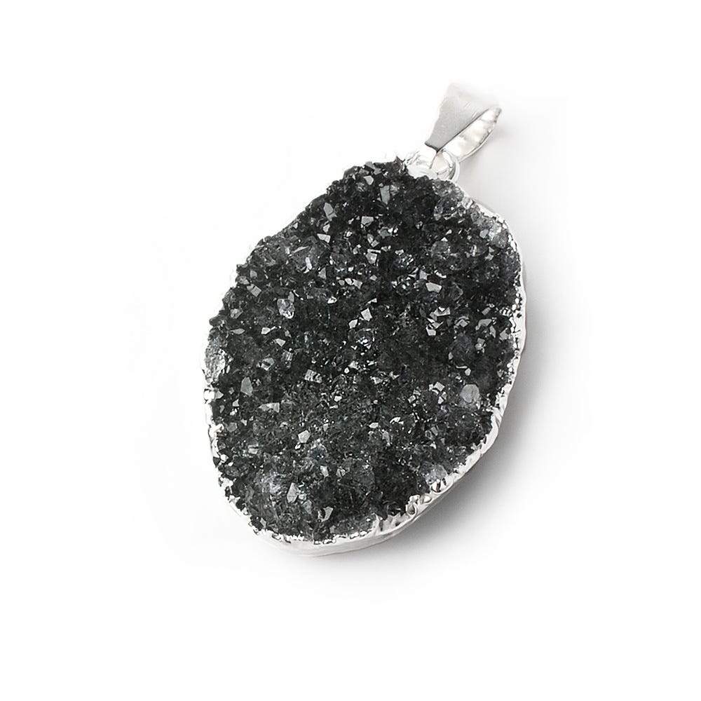 30x21mm Silver Leaf Edged Black Agate Freeshape Drusy with Bail 1 piece - Beadsofcambay.com