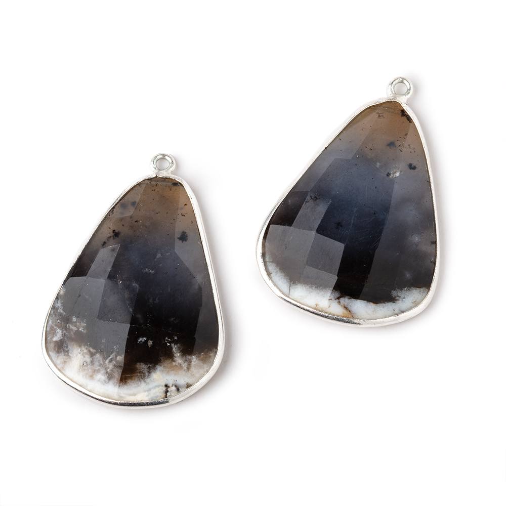 30x23mm .925 Silver Bezel Dendritic Agate Faceted Freeform Set of 2 Pendants - Beadsofcambay.com