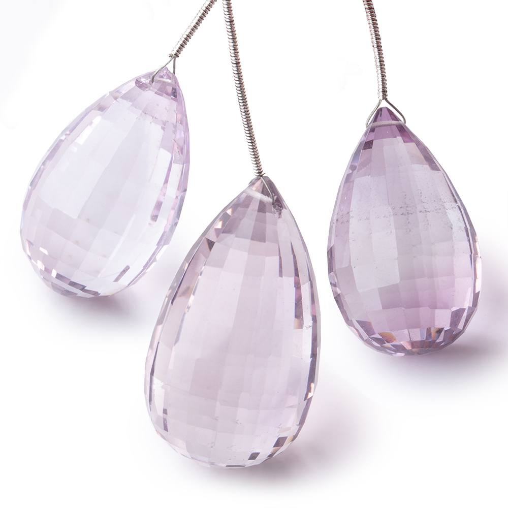 31-40mm Pink Amethyst Checkerboard Faceted Tear Drop Focal Set of 3 Beads AAA - Beadsofcambay.com