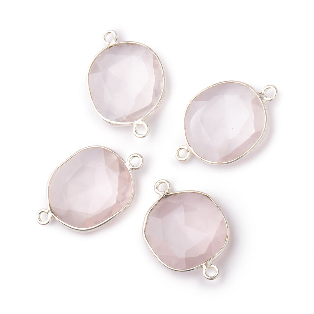 Beadsofcambay 14x12mm Silver .925 Bezel Rose Quartz Faceted Nugget Connector Set of 4 Pieces