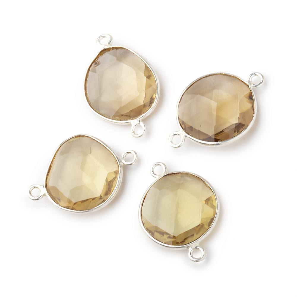 Beadsofcambay 13x12mm Silver .925 Bezel Whiskey Quartz Faceted Nugget Connector 4 pieces
