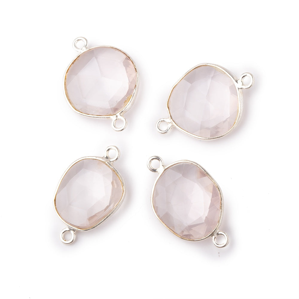 Beadsofcambay 12x11mm Silver .925 Bezel Rose Quartz Faceted Nugget Connector Set of 4 Pieces