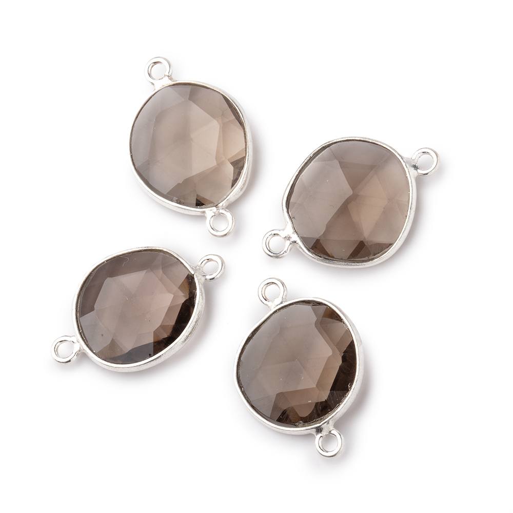 Beadsofcambay 12x11mm Silver .925 Bezel Smoky Quartz Faceted Nugget Connector Set of 4 Pieces