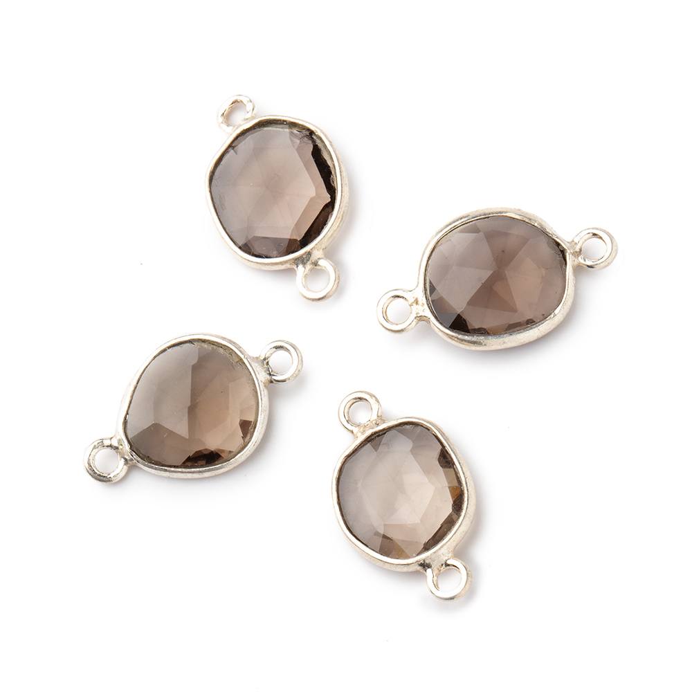 Beadsofcambay 10x9mm Silver .925 Bezel Smoky Quartz Faceted Nugget Connector Set of 4 pieces