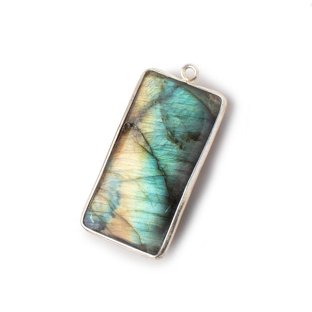 31.5x16mm Silver Bezeled Labradorite Plain Rectangle Pendant 1 piece - Beadsofcambay.com