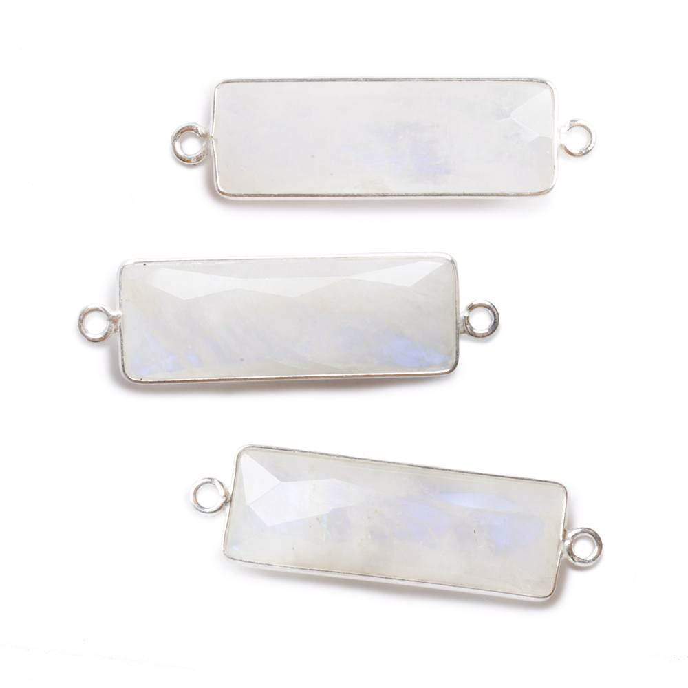 31x11mm Silver Bezel Rainbow Moonstone Bar 2 ring Connector North South 1 pc - Beadsofcambay.com