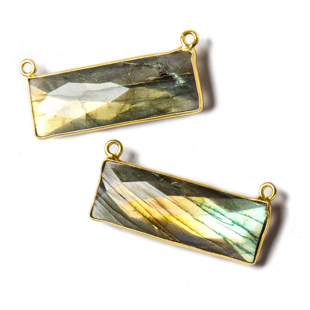 31x11mm Vermeil Bezel Labradorite Bar 2 ring Connector East West 1 piece - Beadsofcambay.com