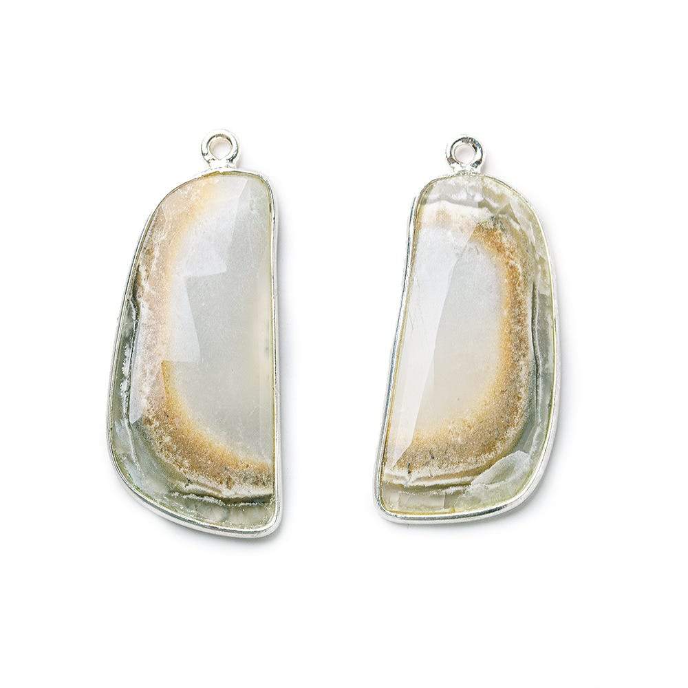 31x15mm Sterling Silver .925 Bezeled Banded White Agate Set of 2 pendants - Beadsofcambay.com